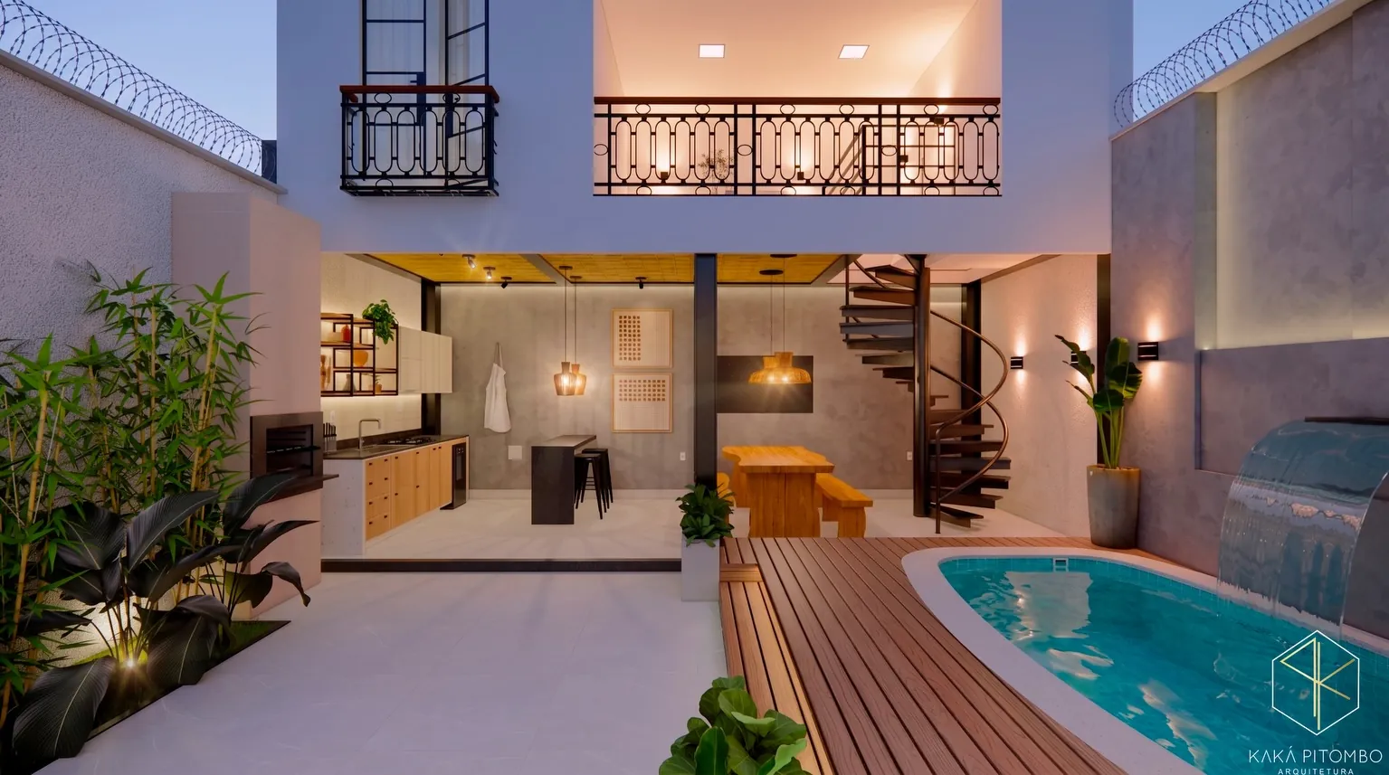 Área externa gourmet com piscina, deck de madeira, jardim e iluminação ao entardecer